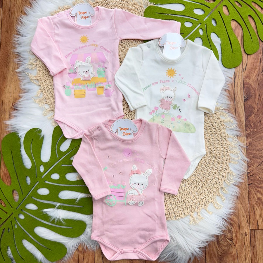 Kit 3 Peças - Bodys Manga Longa Flores Que Fazem O Coração Florescer - Rosa, Off White e Rose